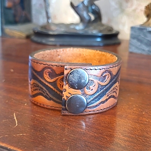 Upcycled Leather Cuff Bracelet Unisex 9 Inches - Picture 3 of 7